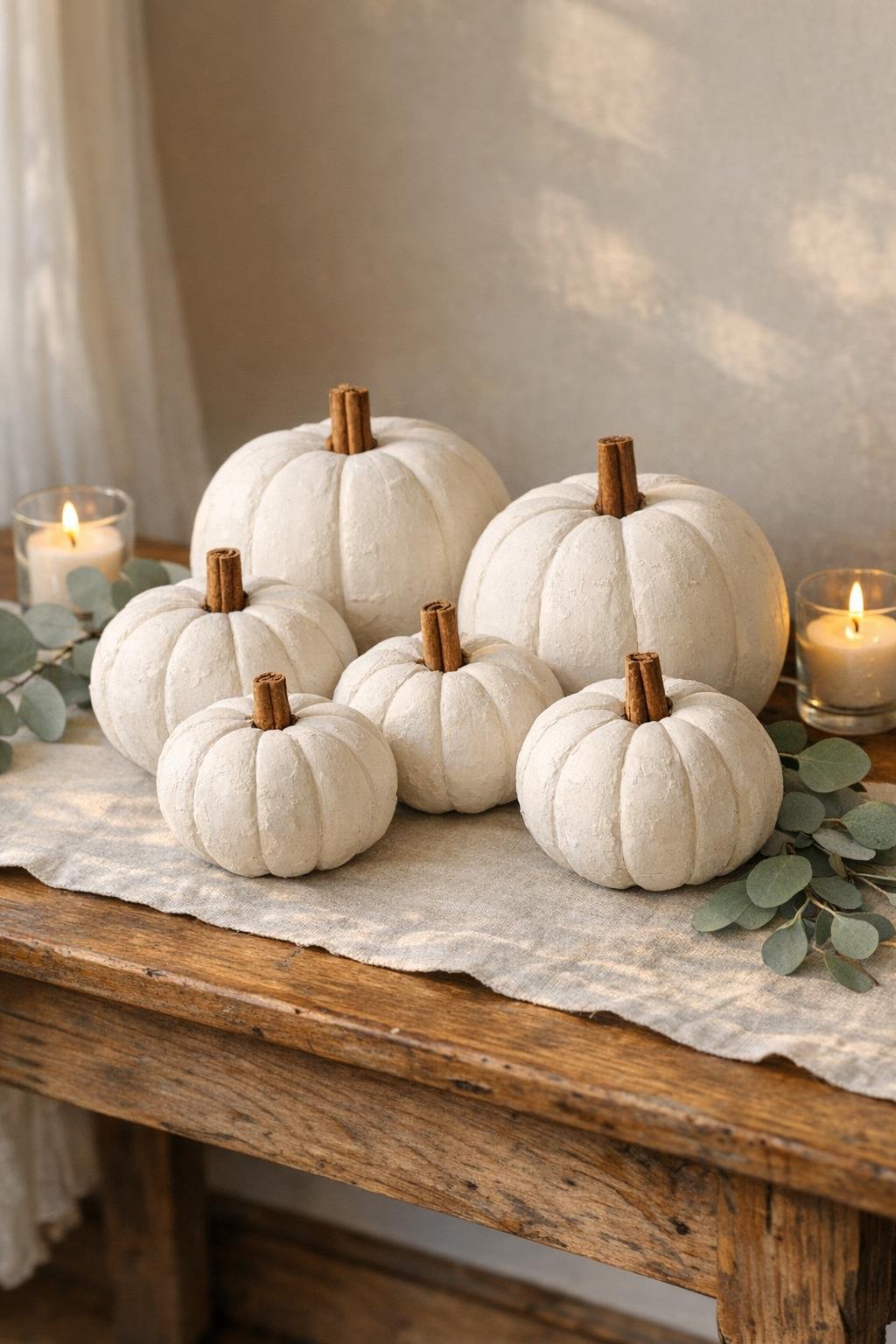 Finished heirloom white plaster pumpkins styled for fall decor