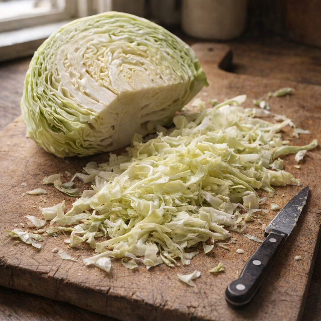 Shredded cabbage on a wooden cutting board