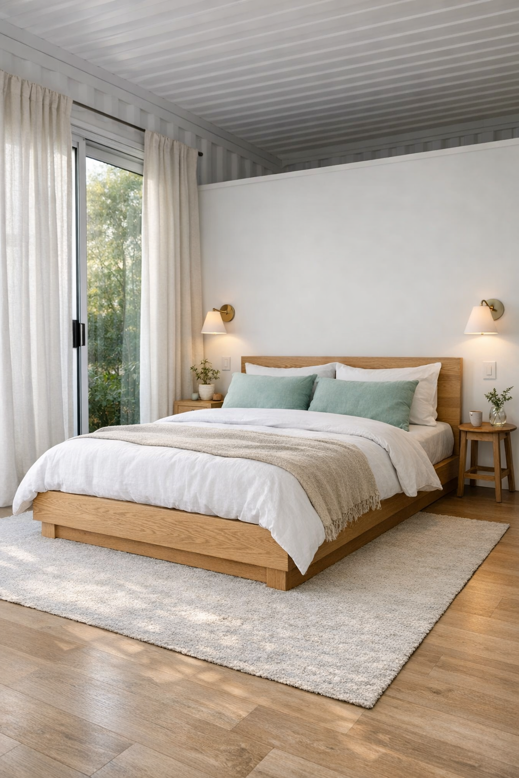 Serene bedroom with oak platform bed, white linens, and soft mint accents