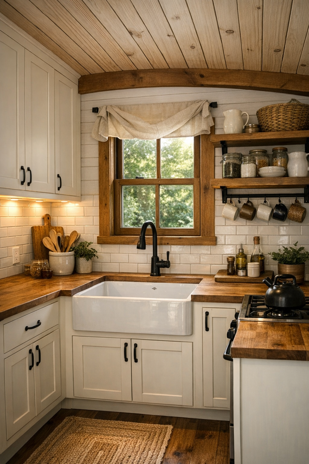 Compact kitchen with shaker cabinets, farmhouse sink, butcher block counters, and black iron hardware