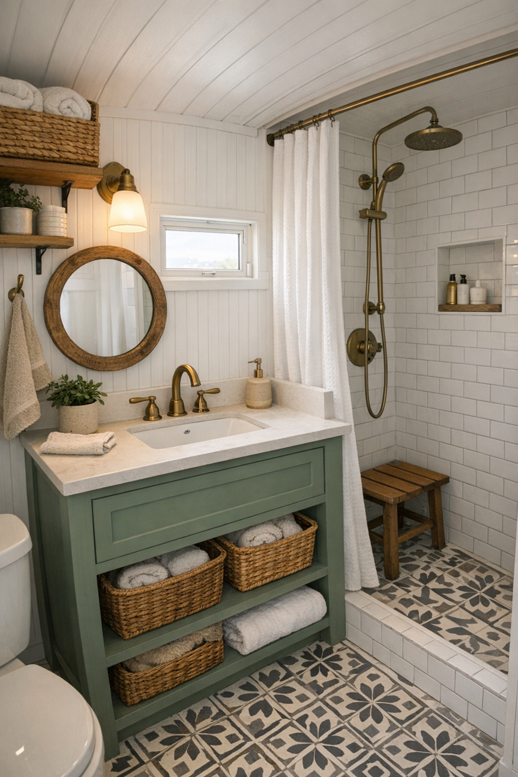 Small elegant bathroom in a converted bus with white tile shower and painted vanity