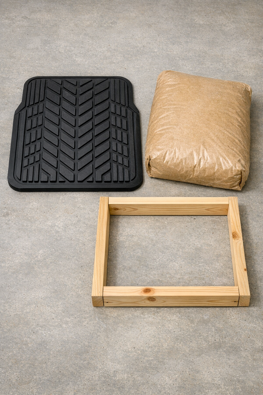 Rubber truck floor mat, bag of cement, and wooden form materials laid out for patio block project