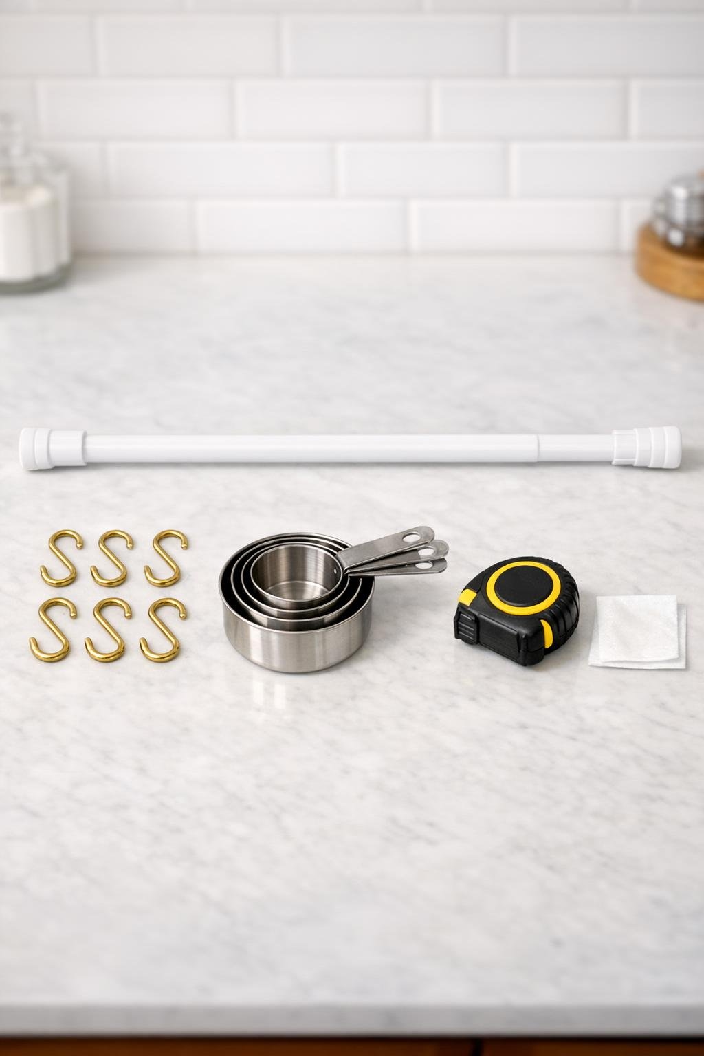 Materials for a pantry door measuring cup rack
