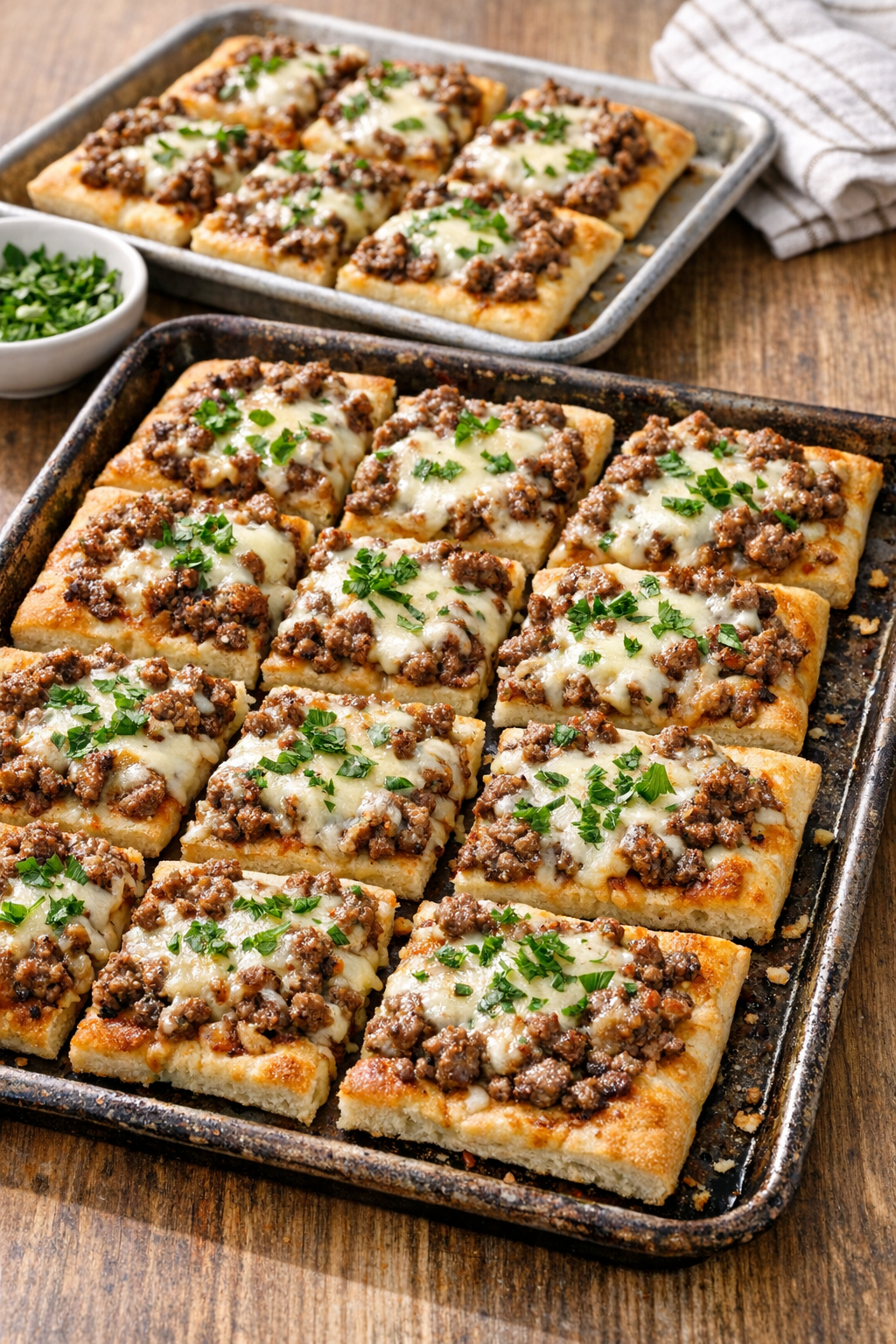 Sliced baked beef flatbreads ready to serve