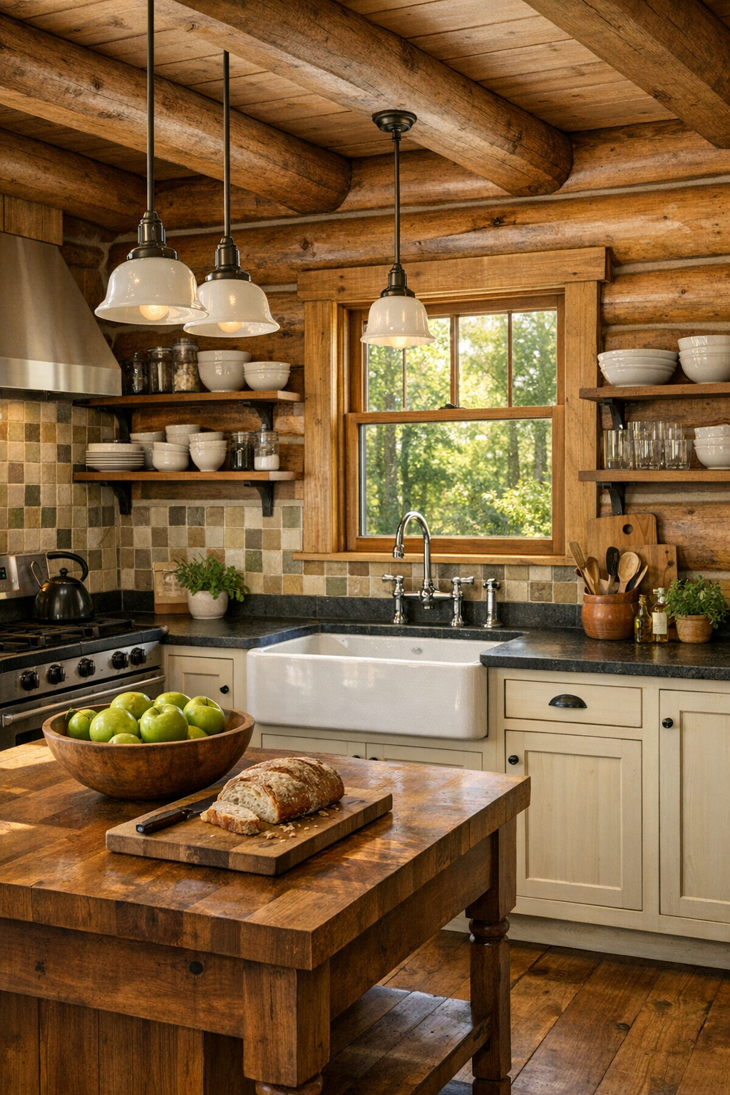 Bright country log home kitchen with painted cabinets, butcher-block island, and apron-front sink