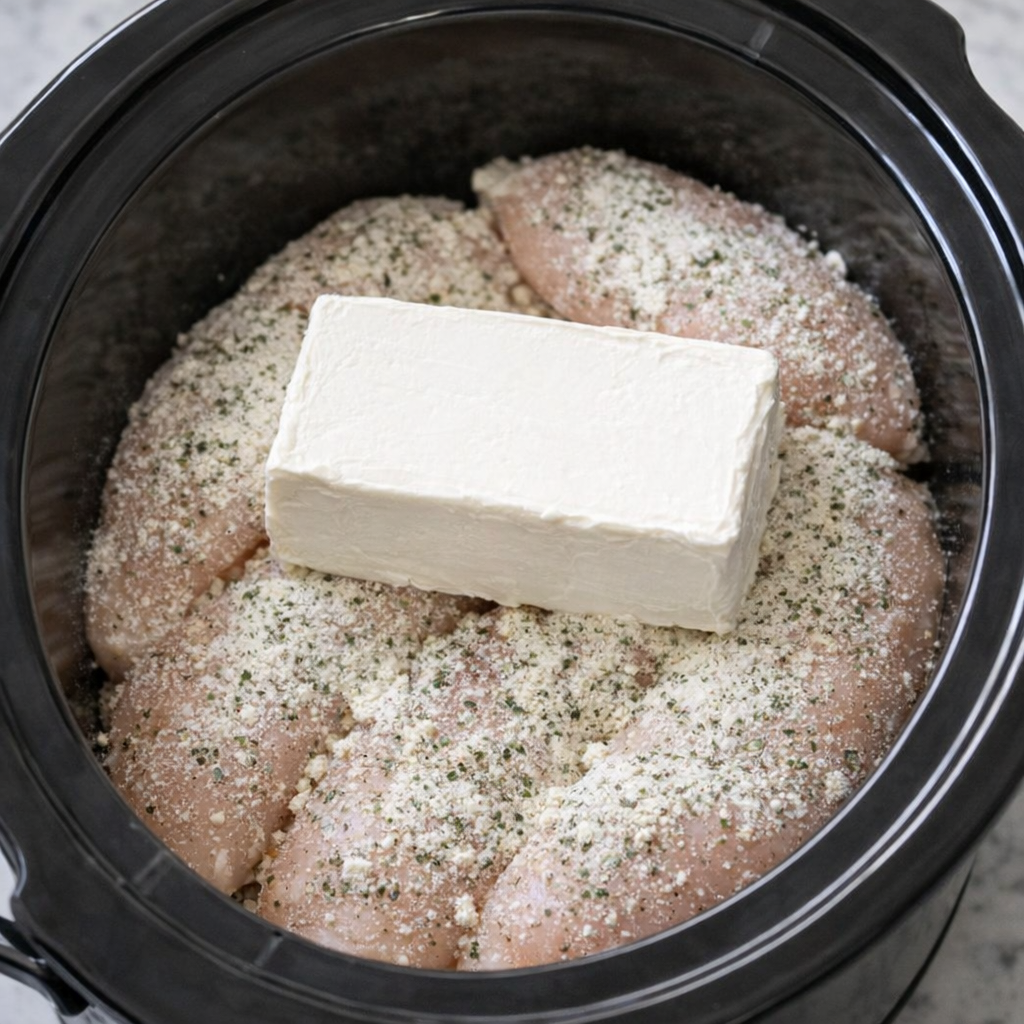 Chicken breasts and cream cheese arranged in a slow cooker