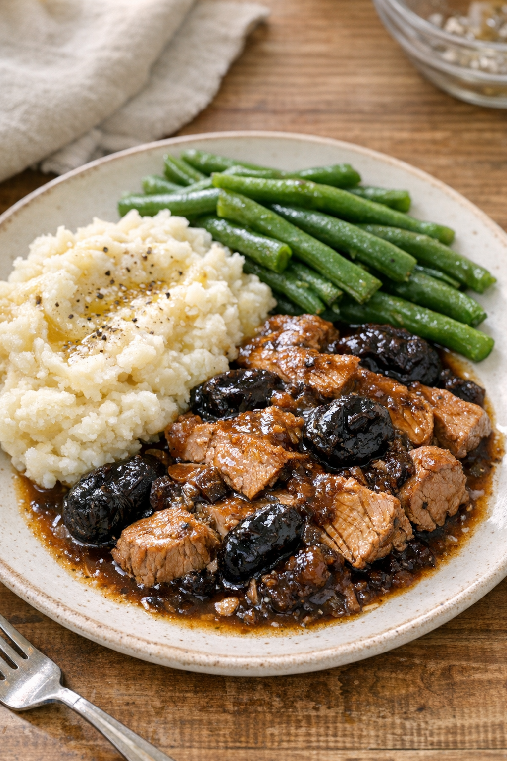 Finished vintage prune pork plated with sauce