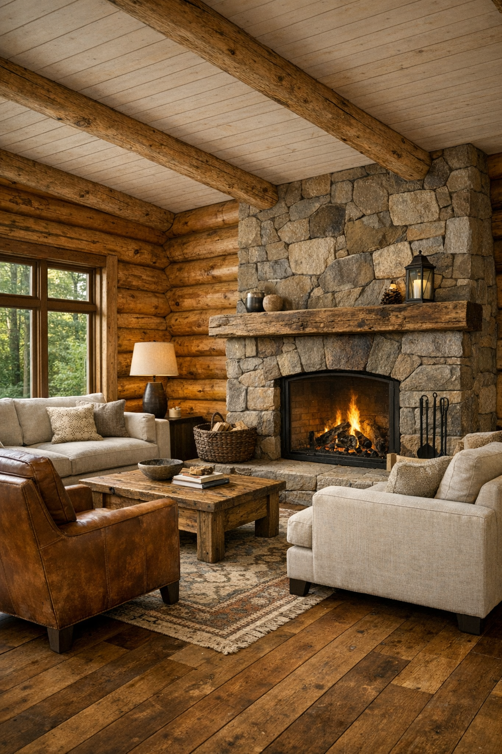Warm log living room with a stone fireplace, linen seating, and wide plank wood floors