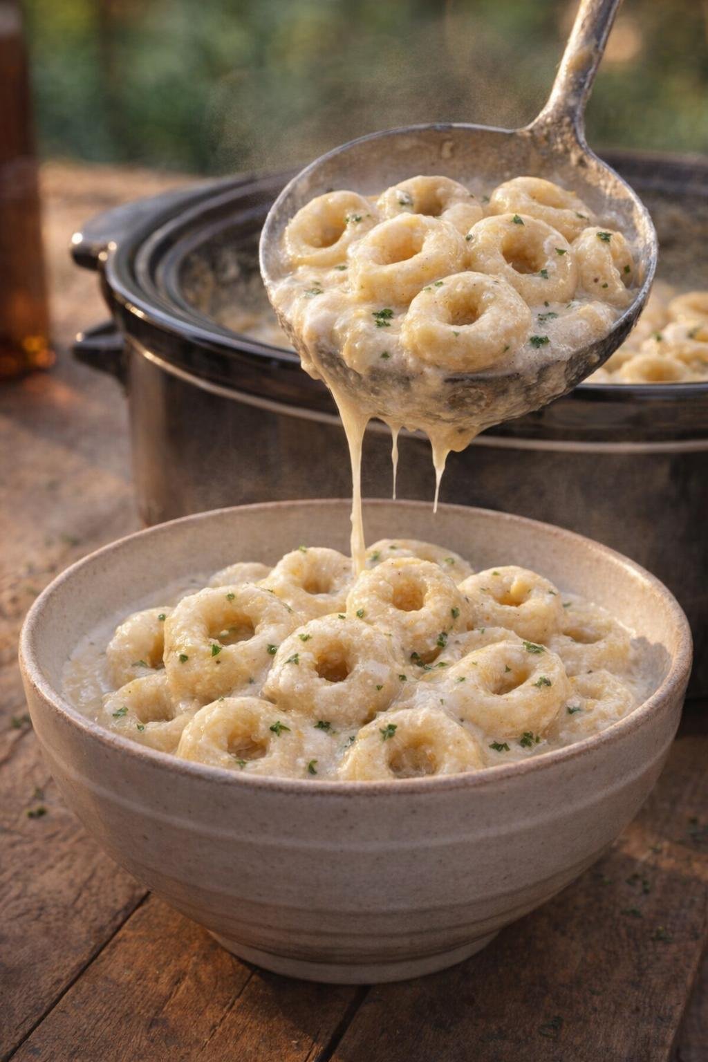 Freshly served bowl of slow cooker tortellini