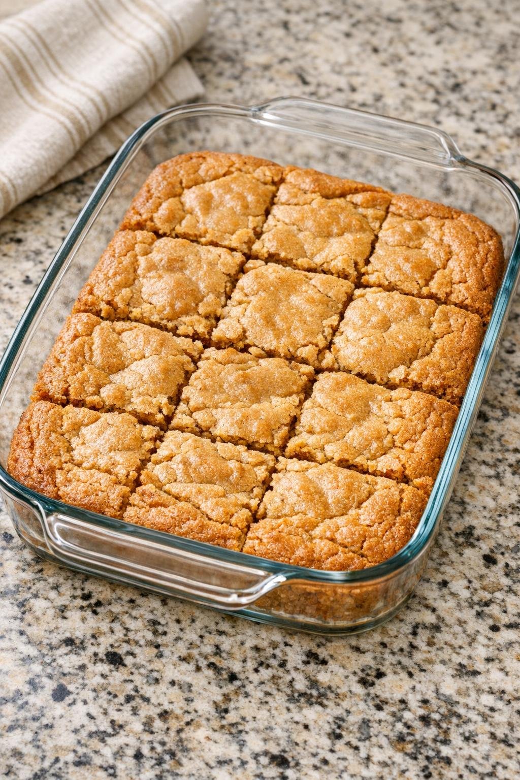 Freshly baked peanut butter blondies cooling in dish