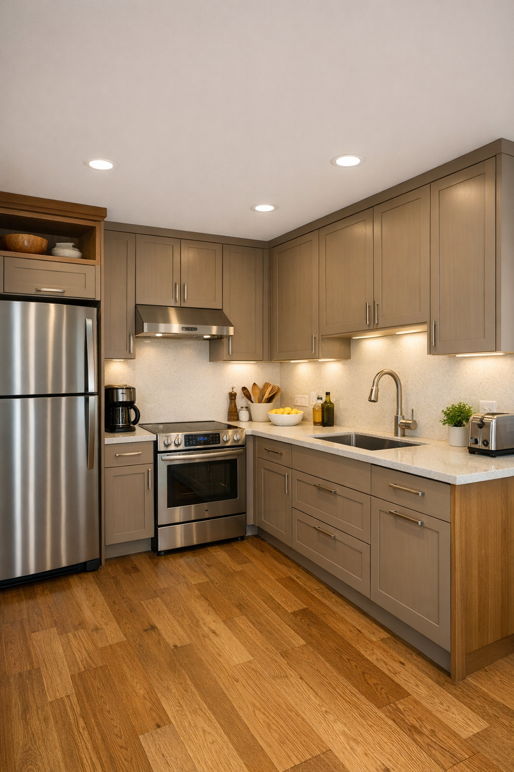 Accessible kitchen with warm cabinetry, light quartz counters, and bright task lighting