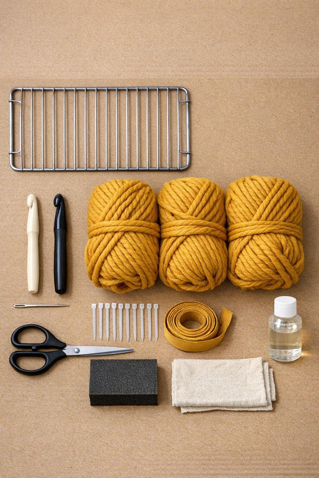 Materials for a crochet basket made from a vintage oven rack