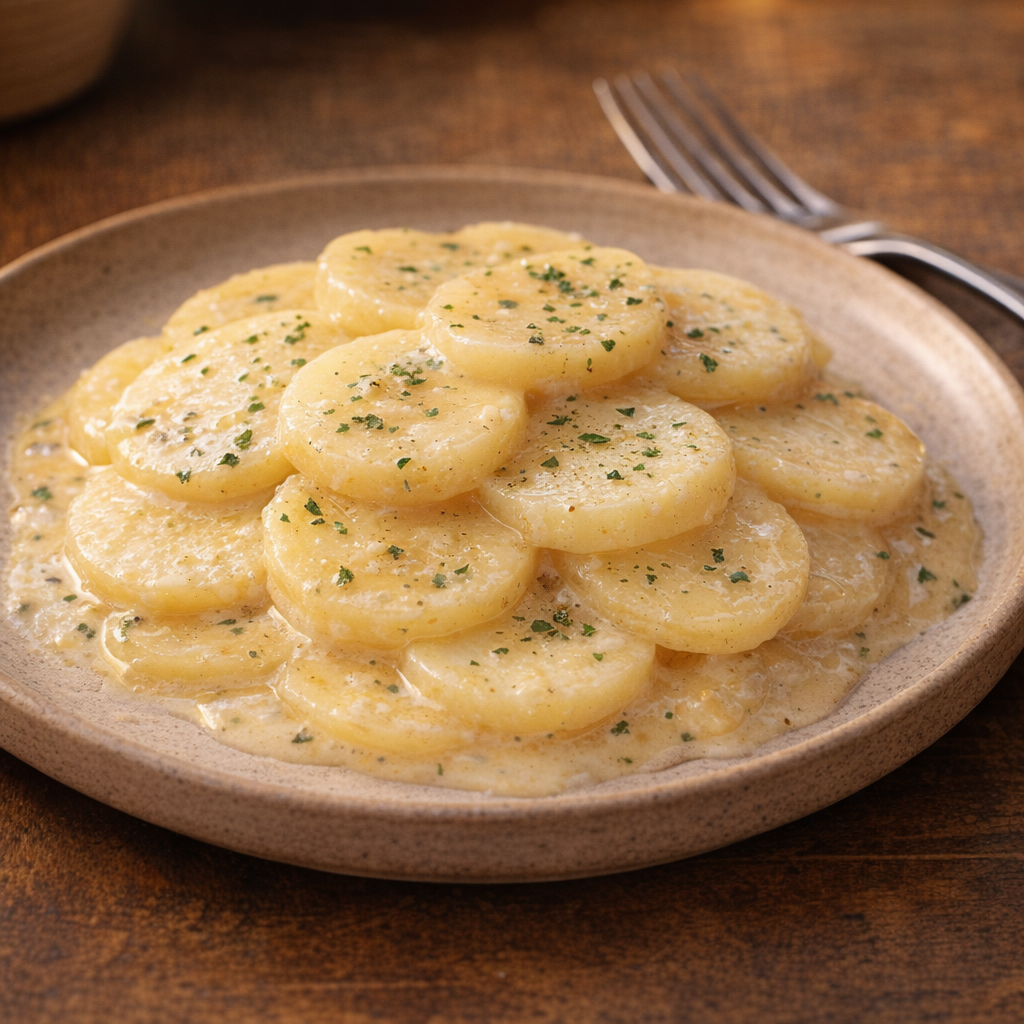 A plated serving of creamy potatoes with parsley
