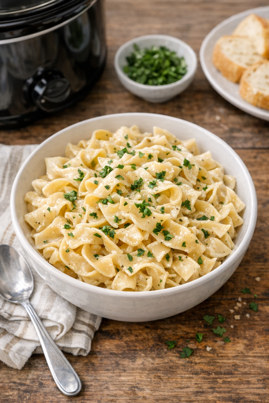 Finished slow cooker egg noodles in a serving bowl