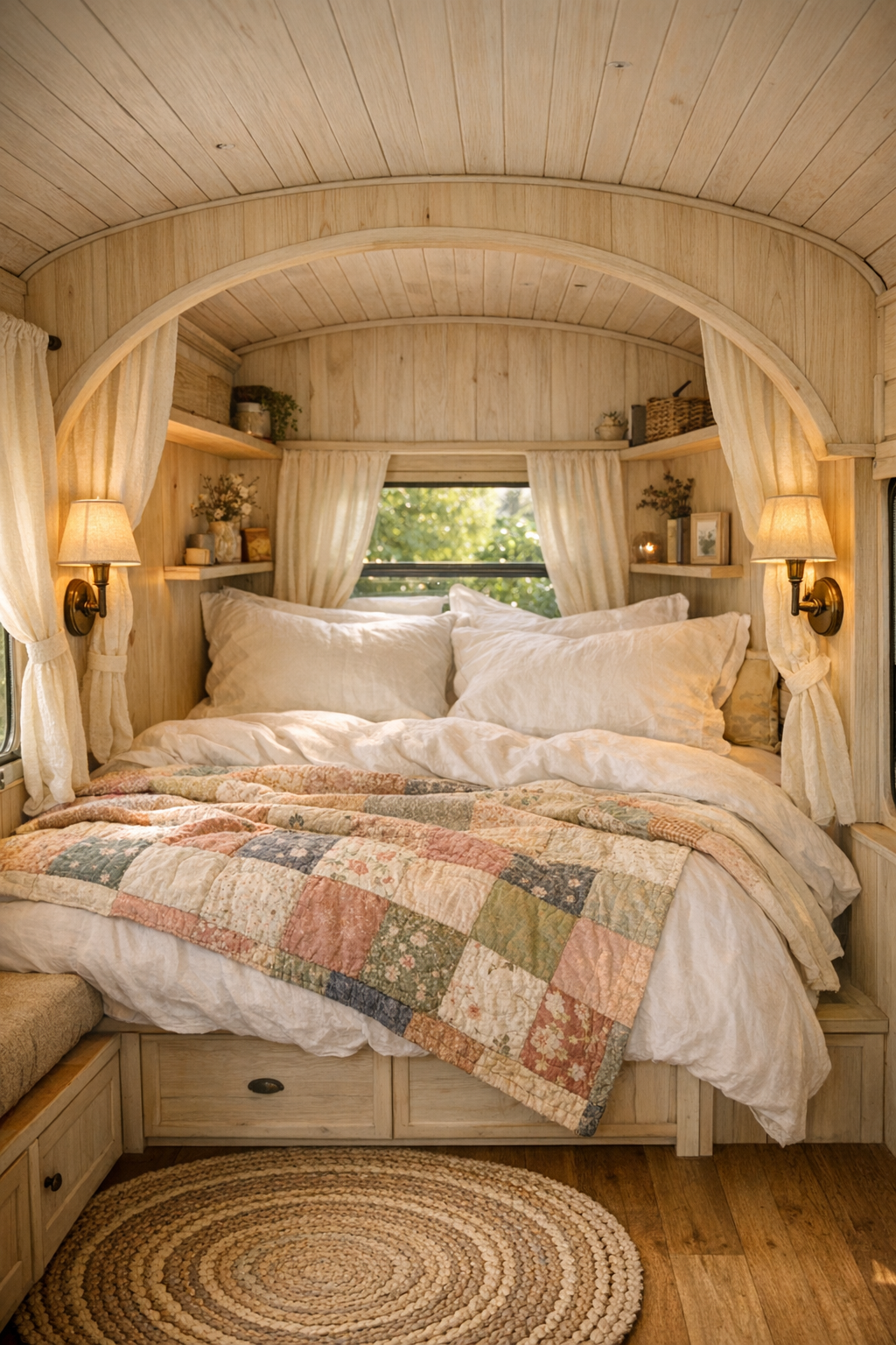 Peaceful bus bedroom with built-in bed alcove, white linen bedding, and patchwork quilt