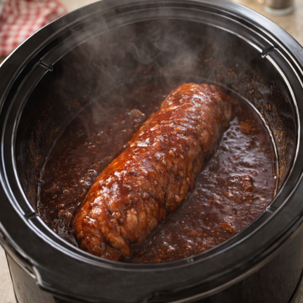 Pork tenderloin cooking in a slow cooker