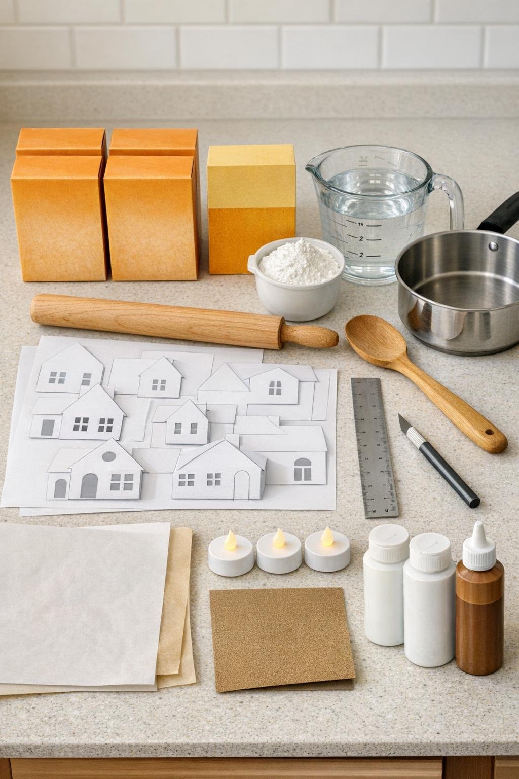 Materials for making a glowing porcelain-style Christmas village laid out on a counter