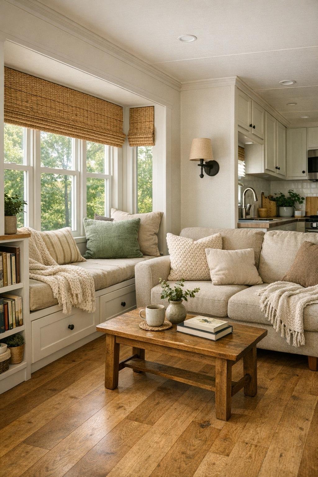 Cozy small RV living room with a window reading nook and soft neutral finishes