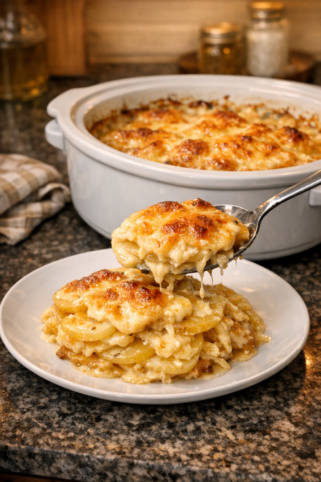Finished scalloped potatoes plated from the slow cooker