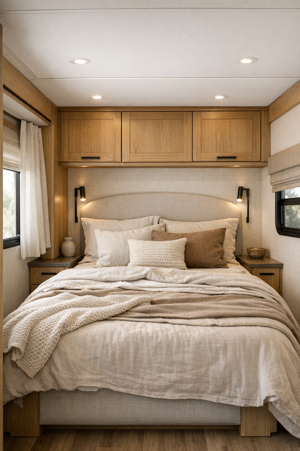 Cozy RV bedroom with warm neutral bedding and integrated storage