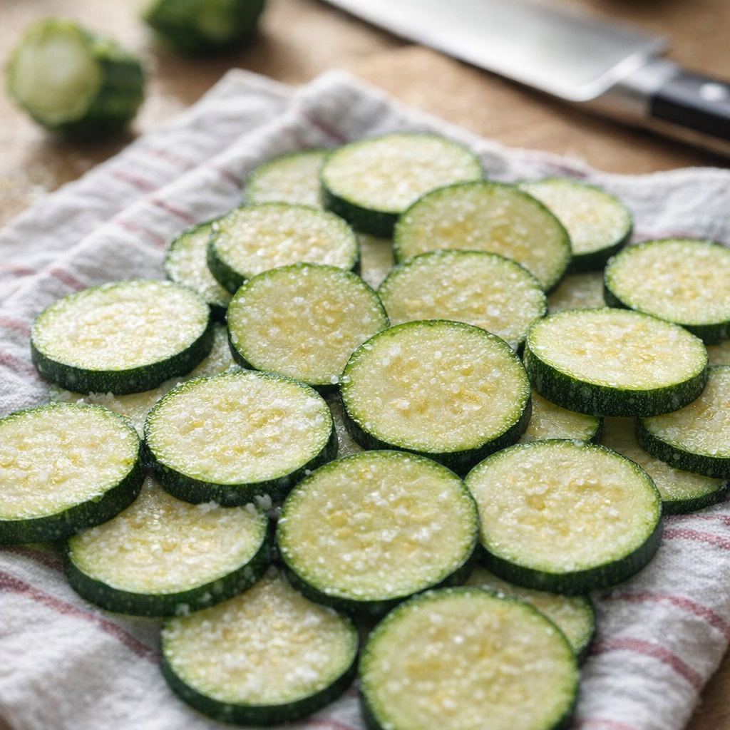 Salted zucchini slices resting on a kitchen towel