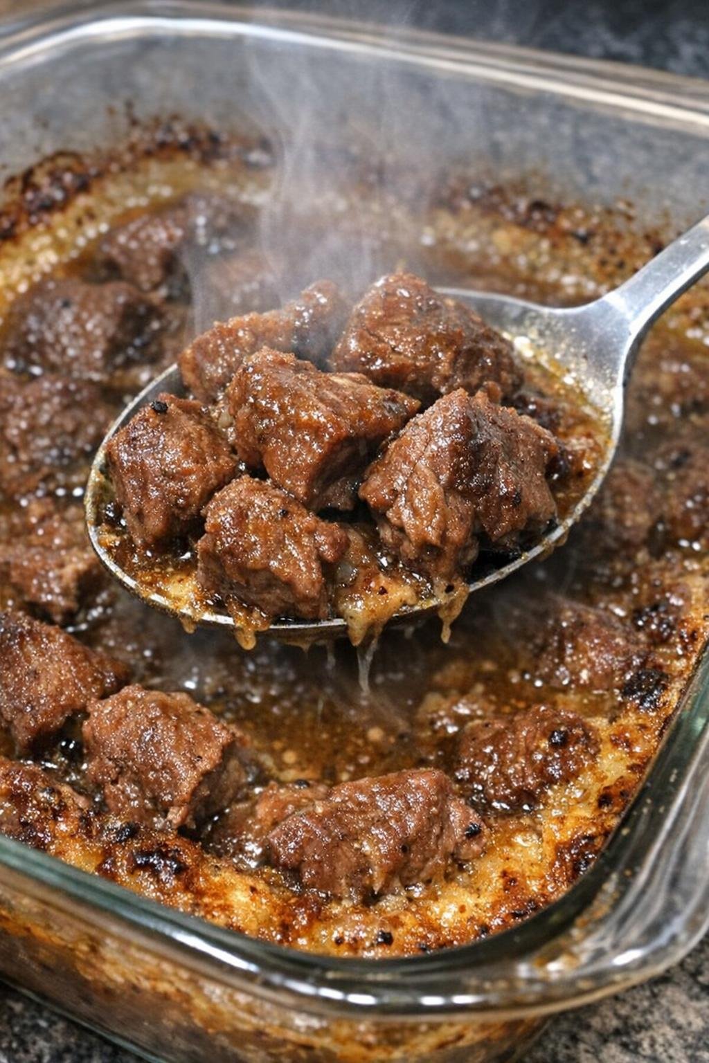 Savory beef bites in a glass casserole dish