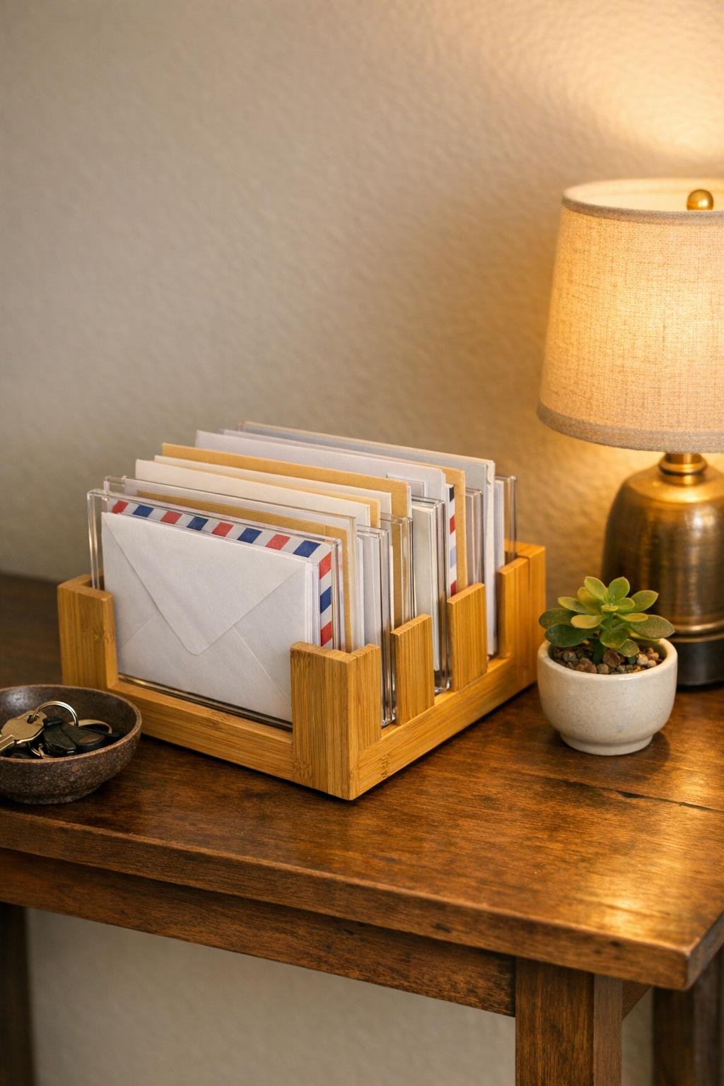 Finished DIY mail sorter made from clear acrylic frames in a bamboo napkin holder