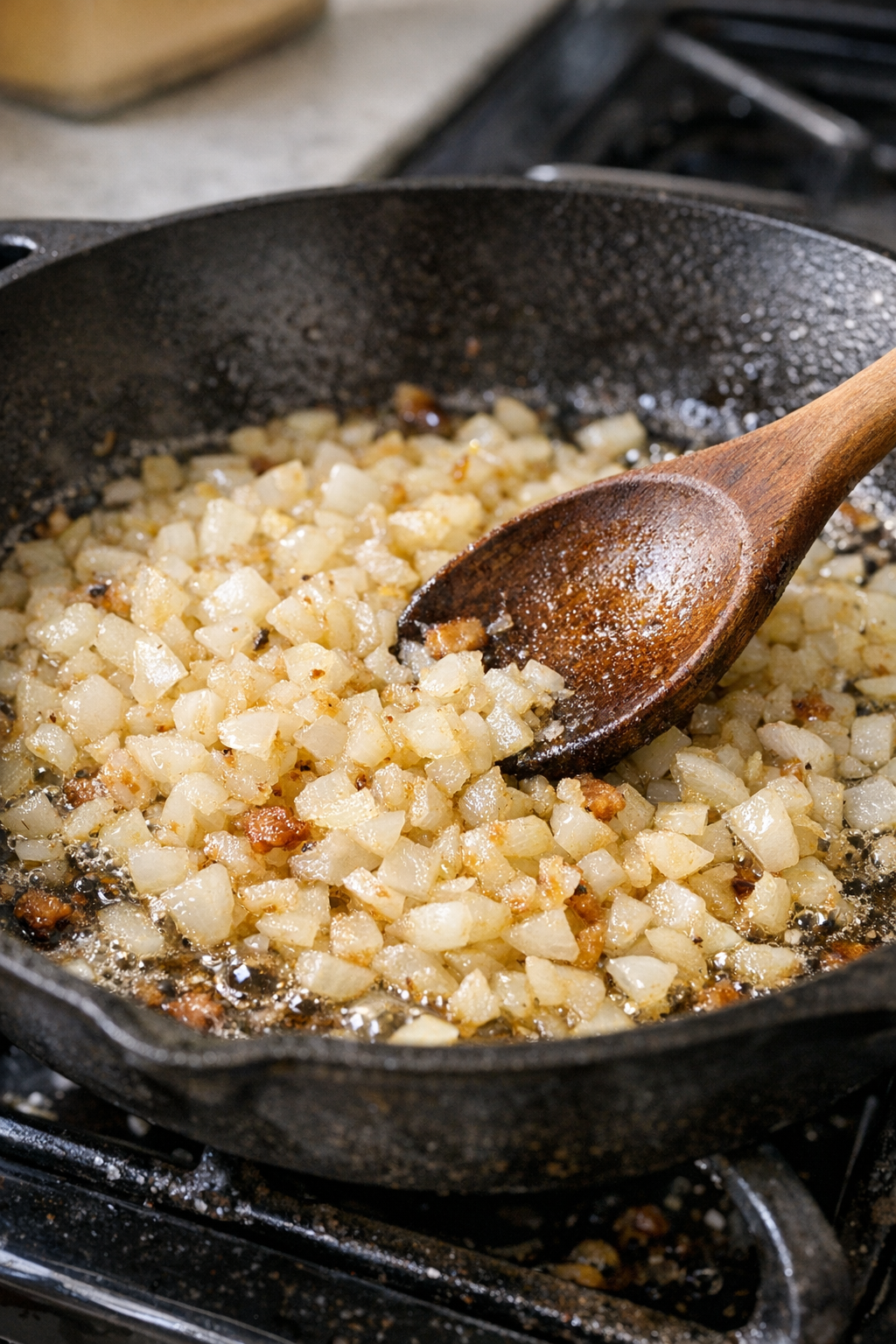 Onions softening in bacon fat in a skillet