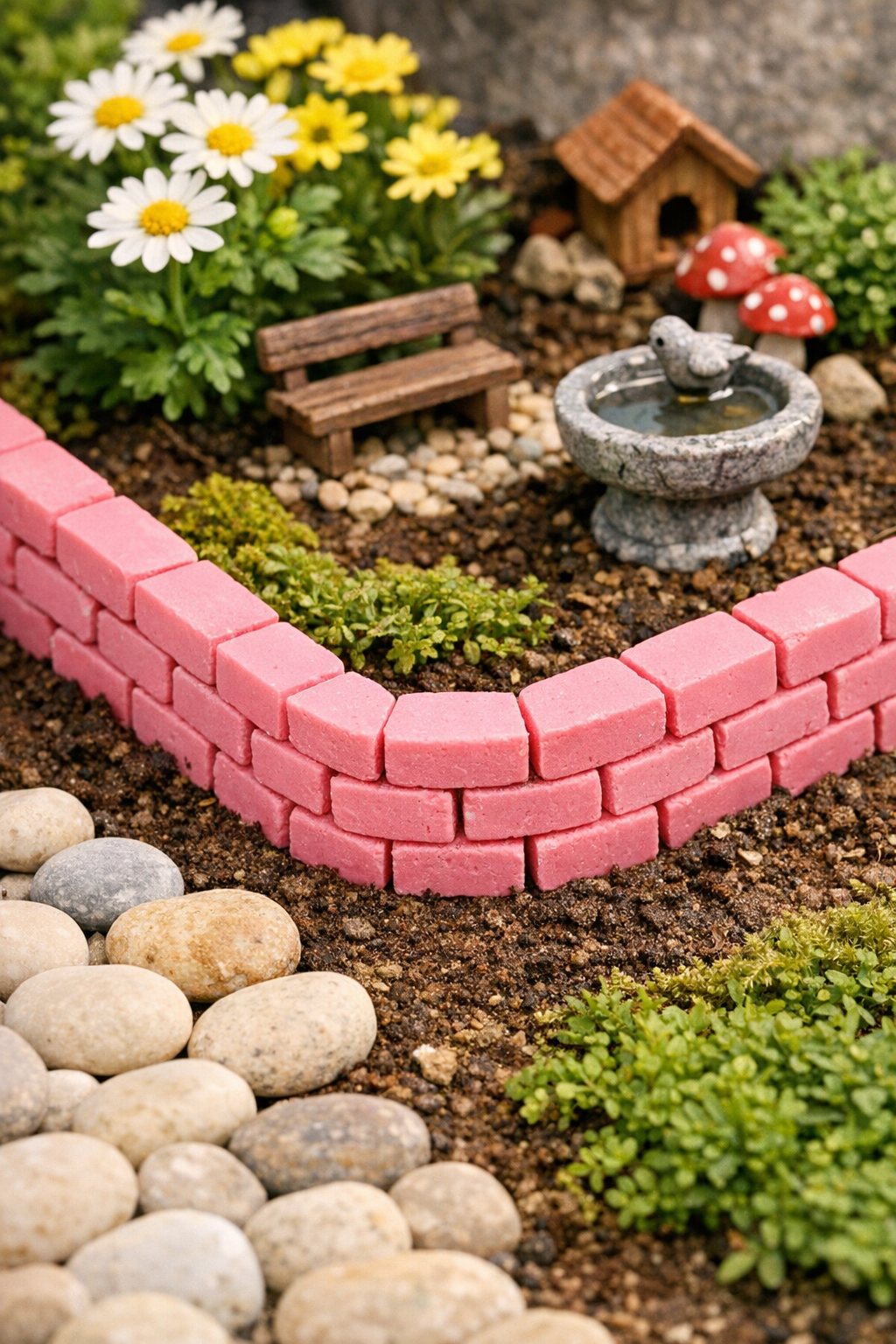 Finished faux brick garden border made from sliced pink school erasers