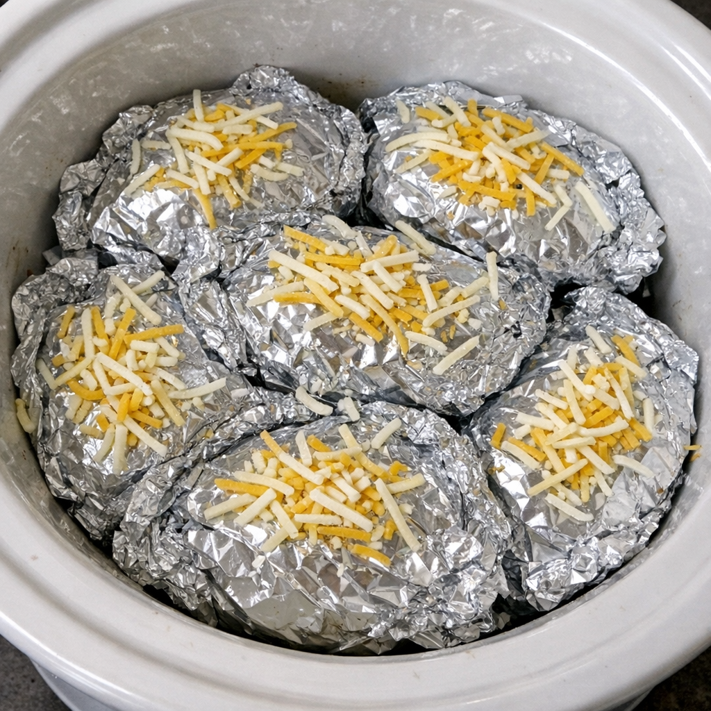 Slow cooker cheesy chili pasta foil packets in a white slow cooker