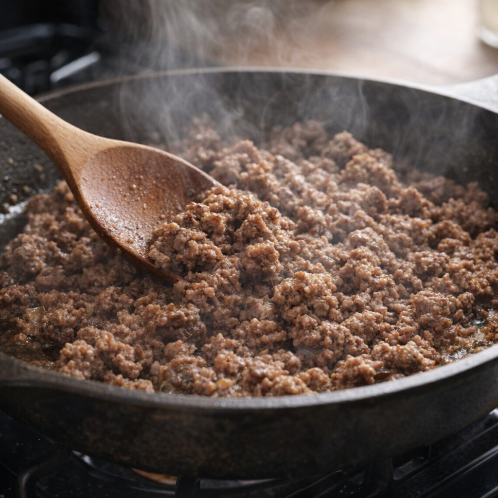 Ground beef browning in a skillet on the stove