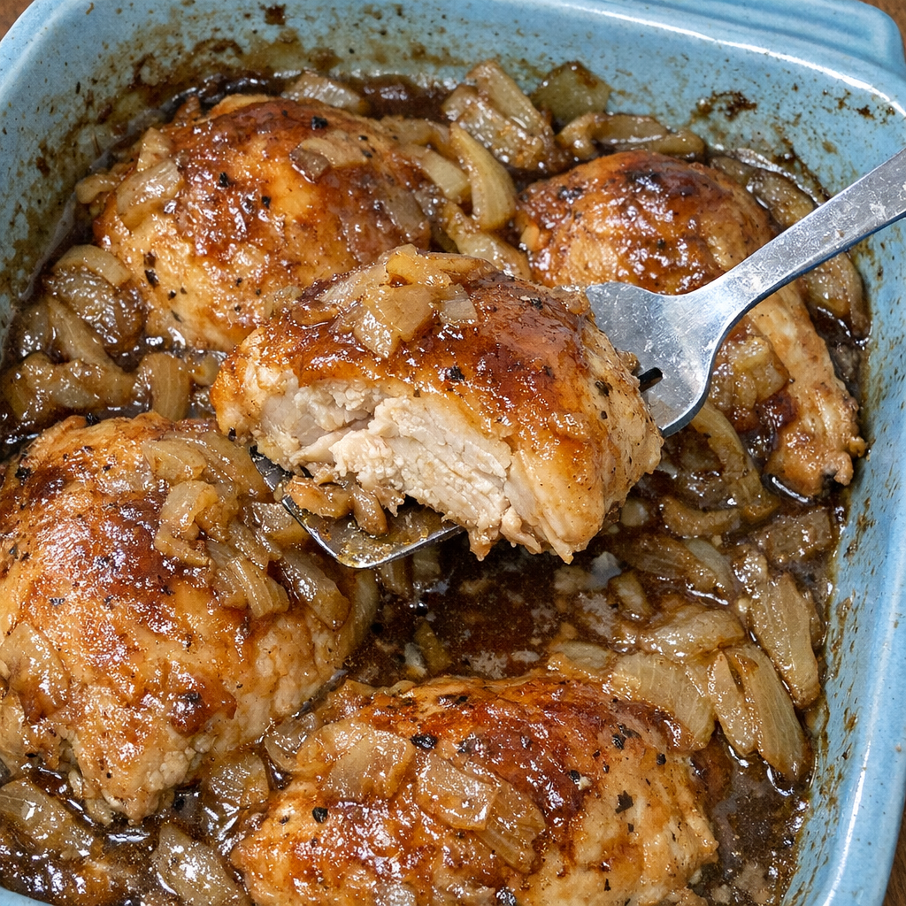 Juicy baked chicken with brown glaze and caramelized onions in a vintage blue baking dish