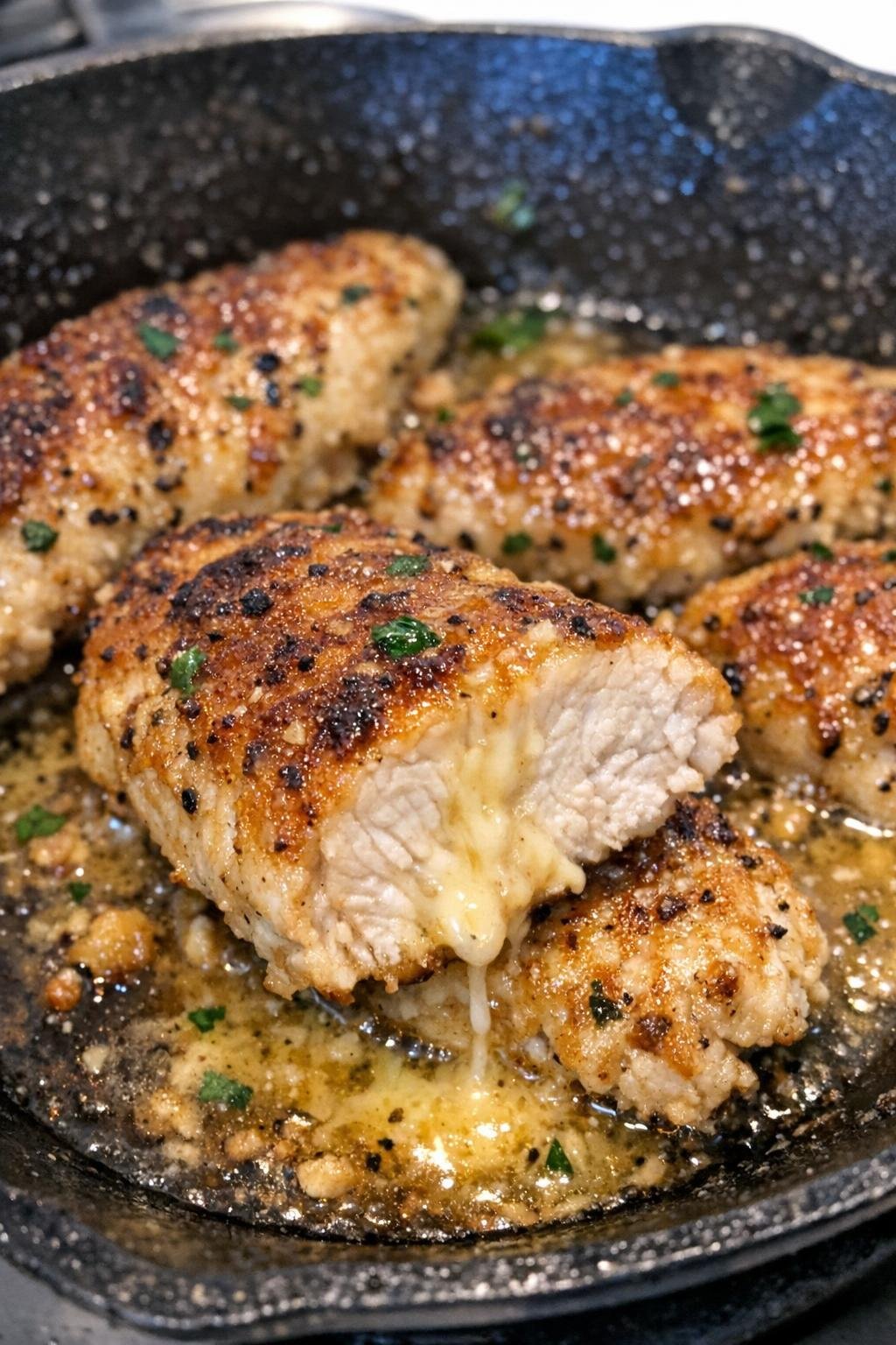 Golden brown crusted chicken tenders in a cast iron skillet