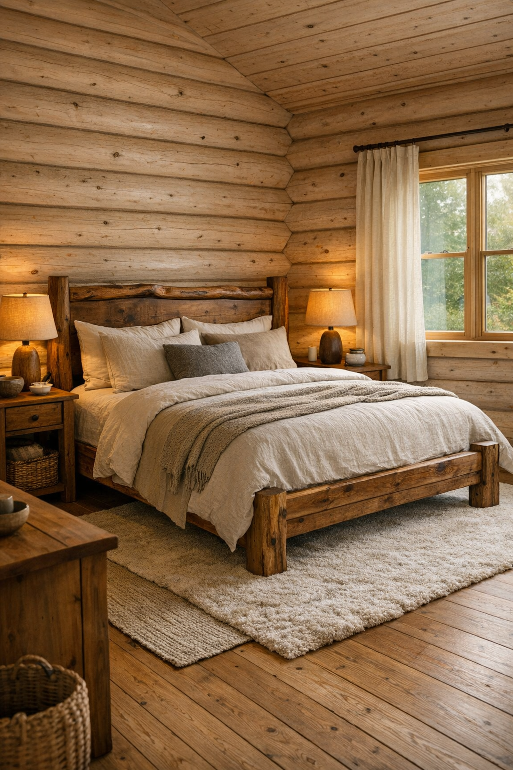 Bedroom with handcrafted wood bed, pale log walls, and layered neutral textiles