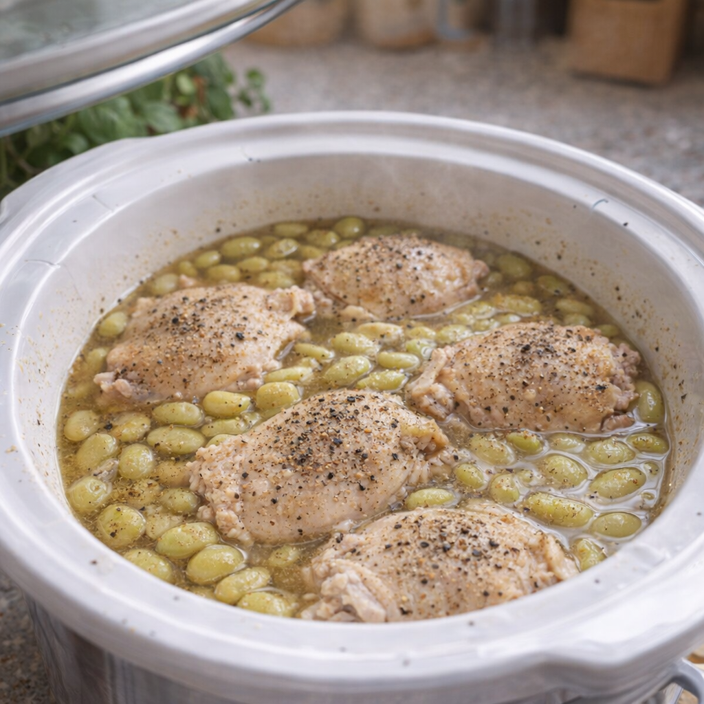 Slow cooker filled with chicken, beans, and broth before cooking