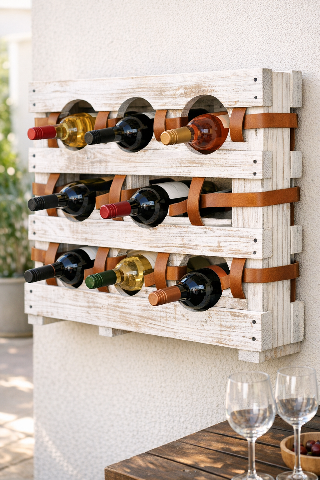 Finished whitewashed pallet wood outdoor wine rack with cognac leather straps