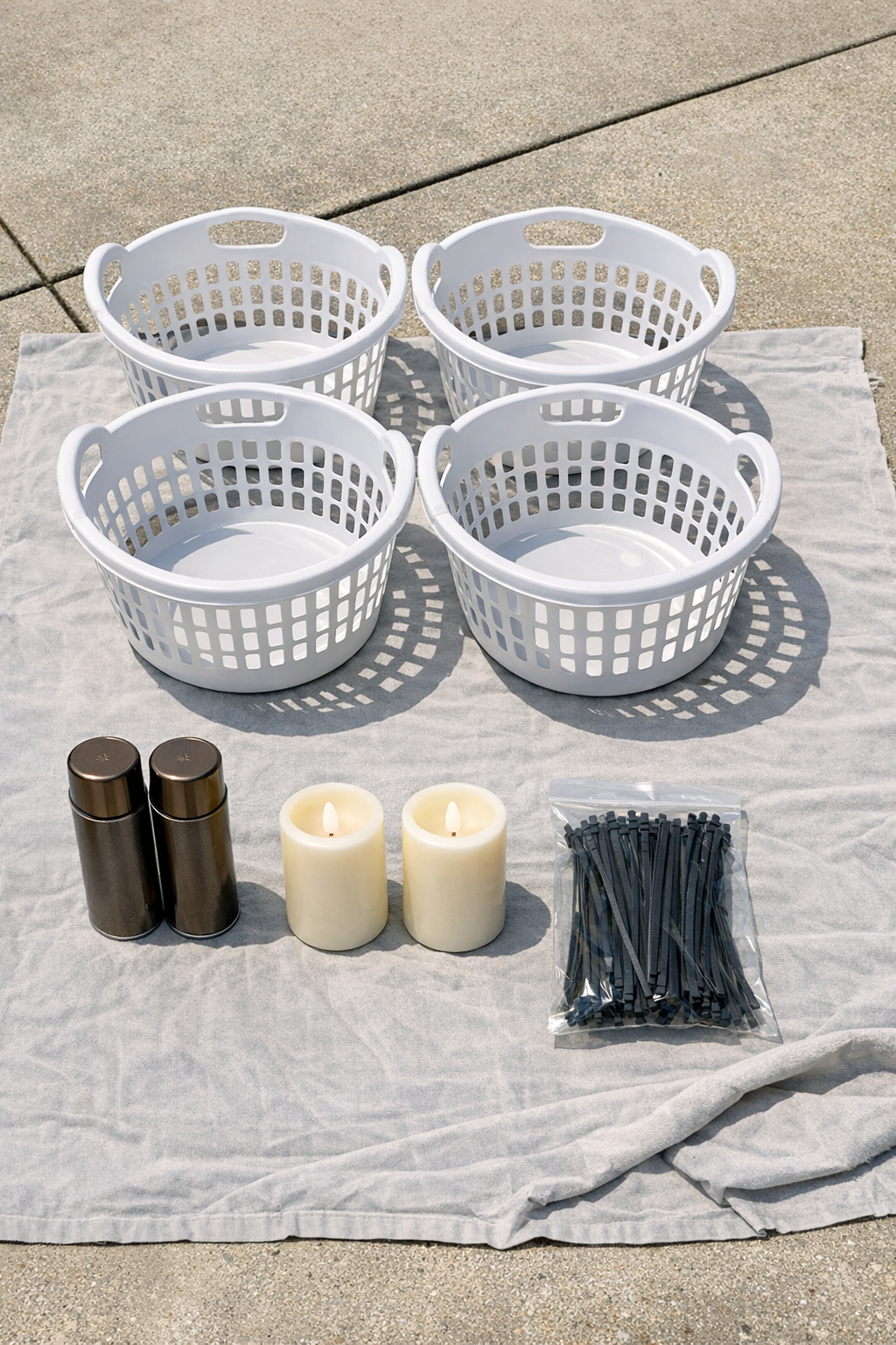 All materials for faux bronze patio lanterns laid out together