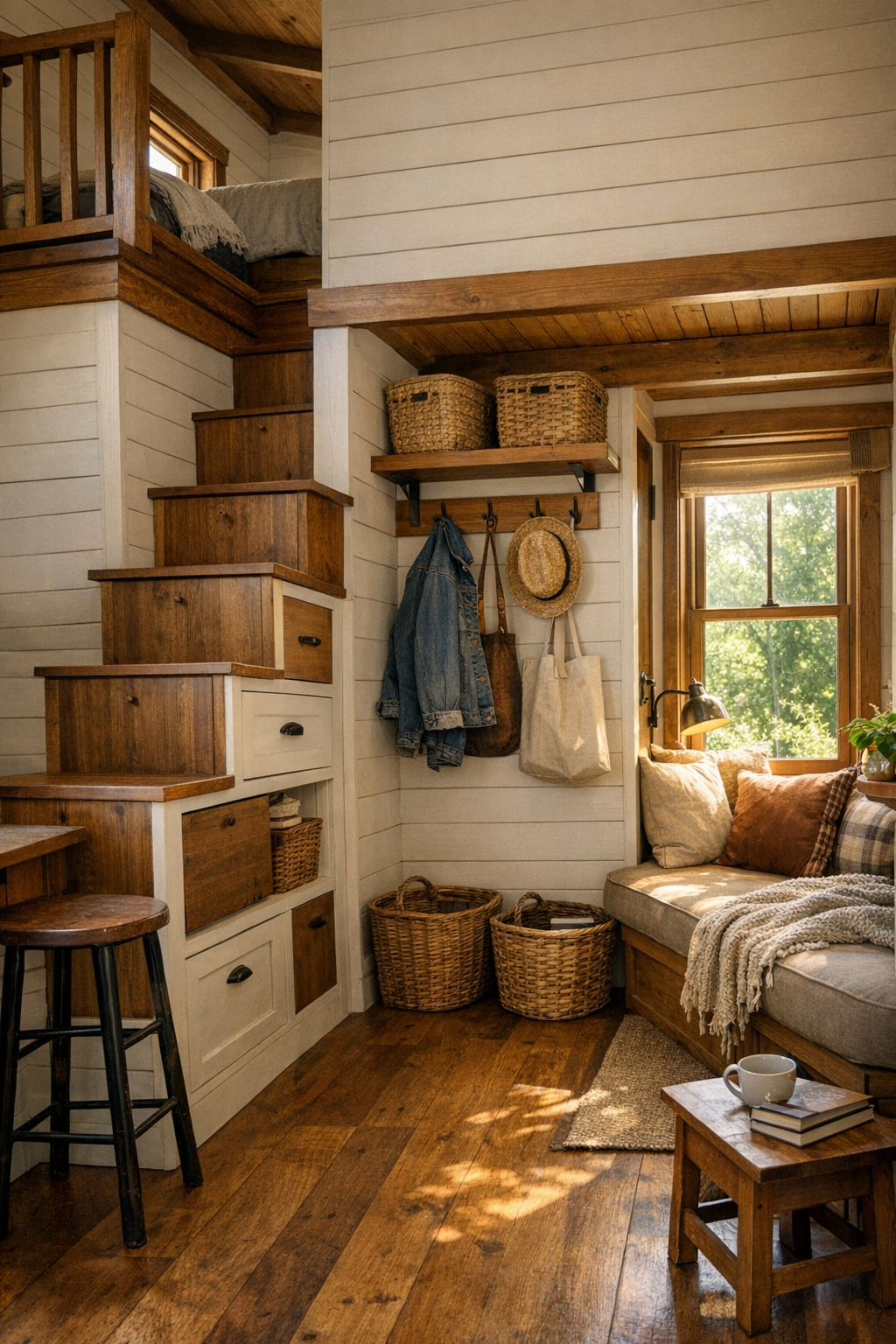 Smart tiny home hallway and loft access with built-in storage, wood steps, hooks, and a small reading nook