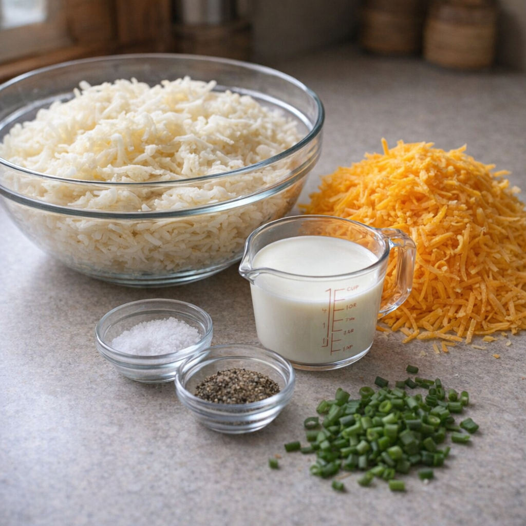 Ingredients for potato gratin arranged on countertop