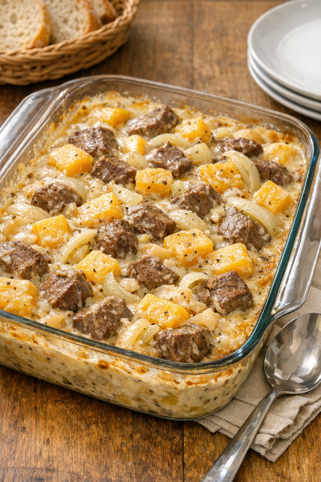 Finished Amish beef and rutabaga bake in a casserole dish