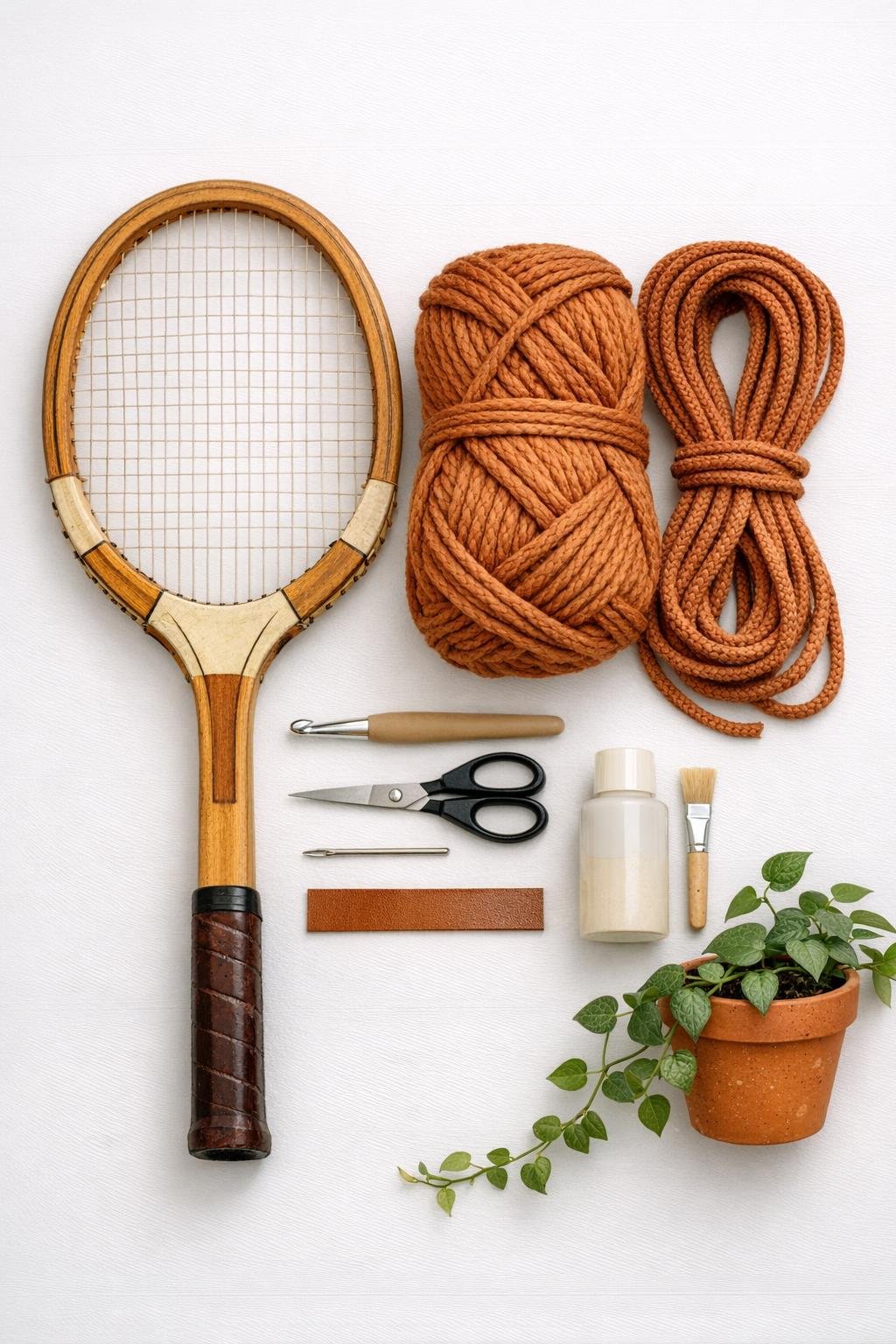 Materials for a crochet hanging planter made from a vintage tennis racket