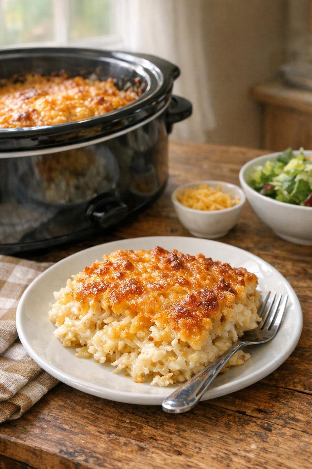 Finished hash brown casserole in a black slow cooker