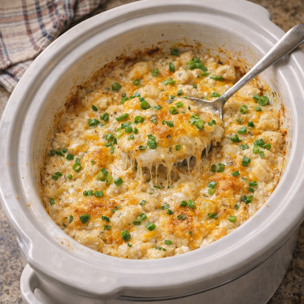 Slow cooker ranch potato bake bubbling with melted cheddar