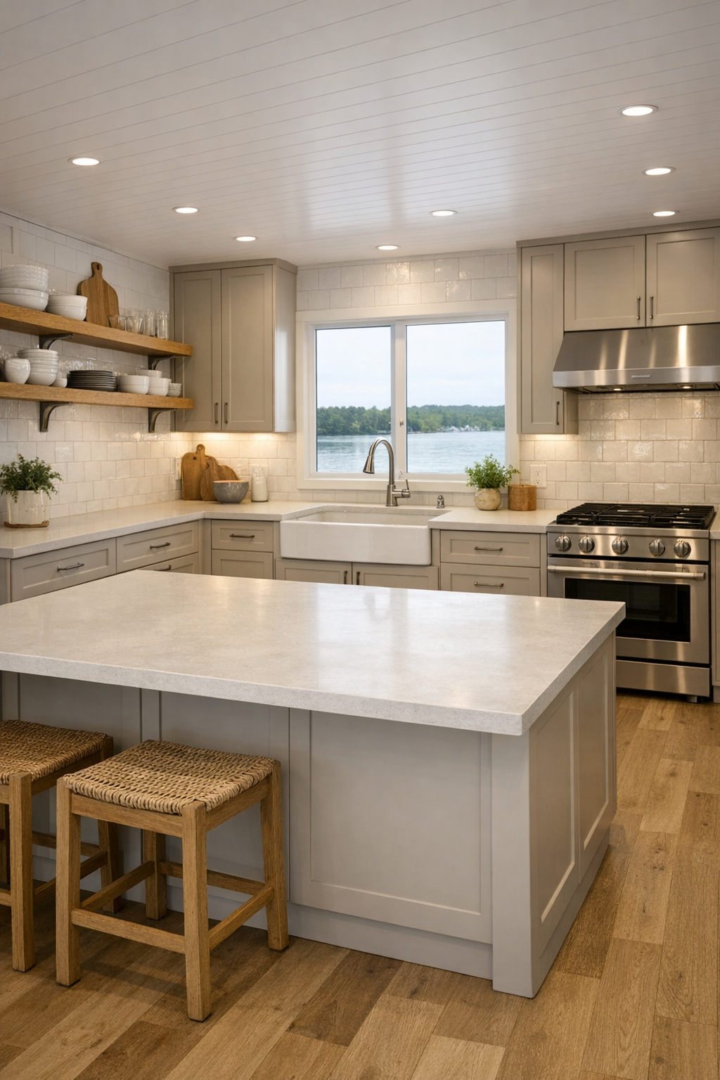 Accessible cottage kitchen with creamy cabinetry and large island