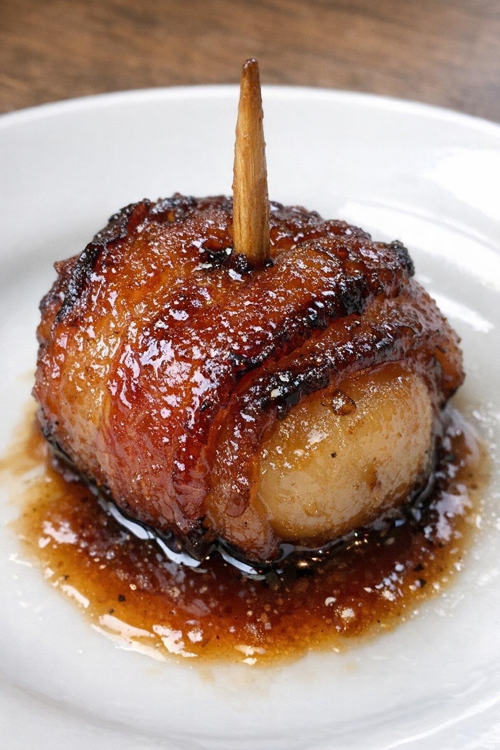 Bacon-wrapped water chestnuts with brown sugar glaze on a white plate
