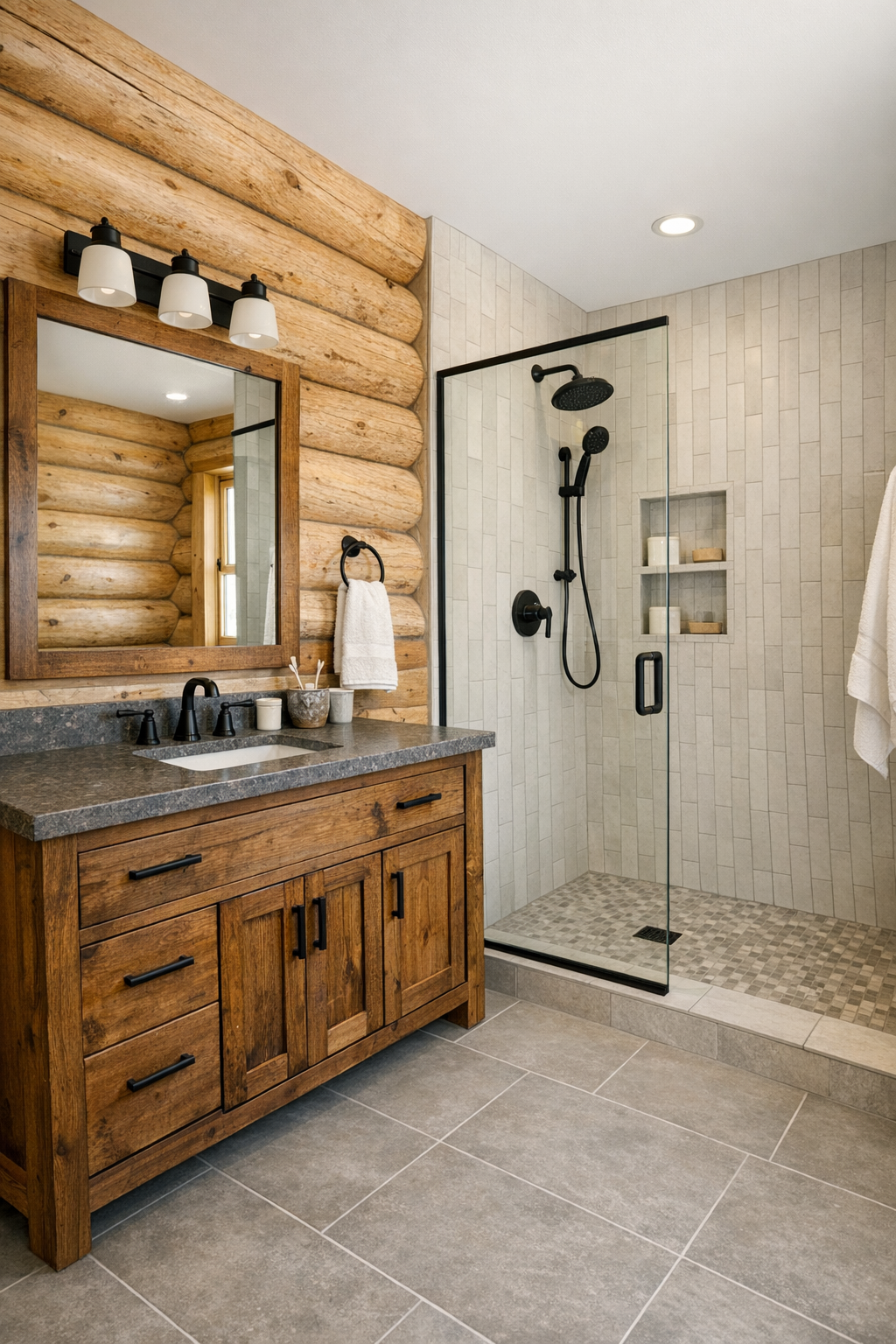 Light rustic bathroom with a handcrafted vanity and soft stone finishes