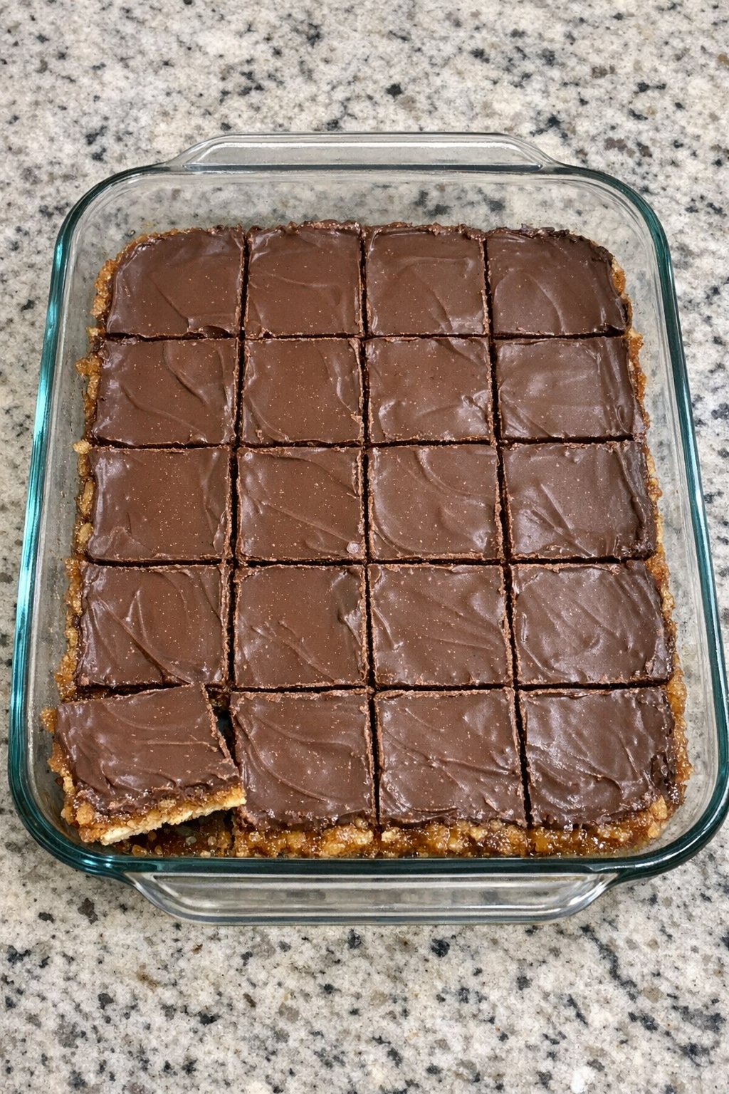 4-ingredient toffee crunch bars in a glass casserole dish