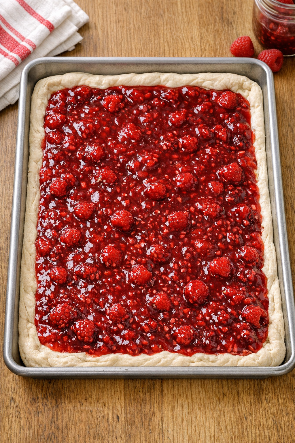 Raspberry filling spread over dough
