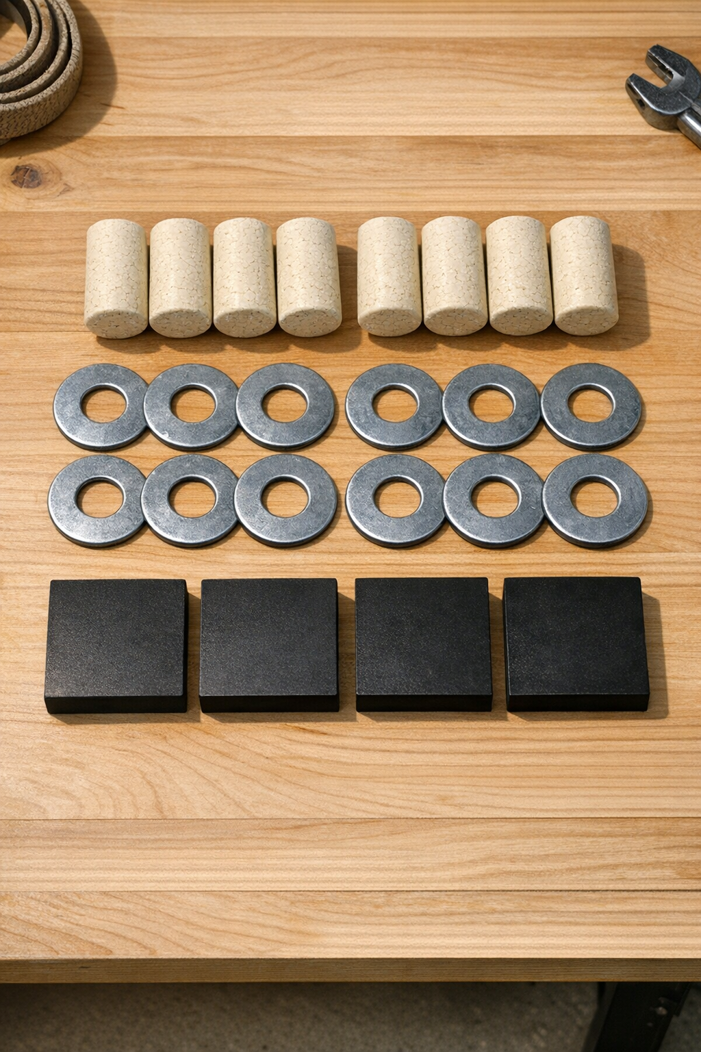 Synthetic wine corks, washers, and rubber pads laid out for the project