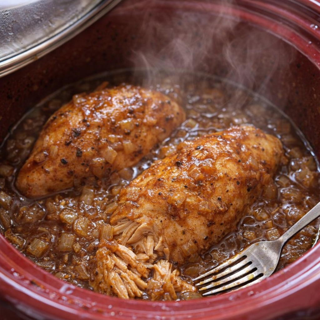 Cooked onion soup chicken in the slow cooker with rich gravy